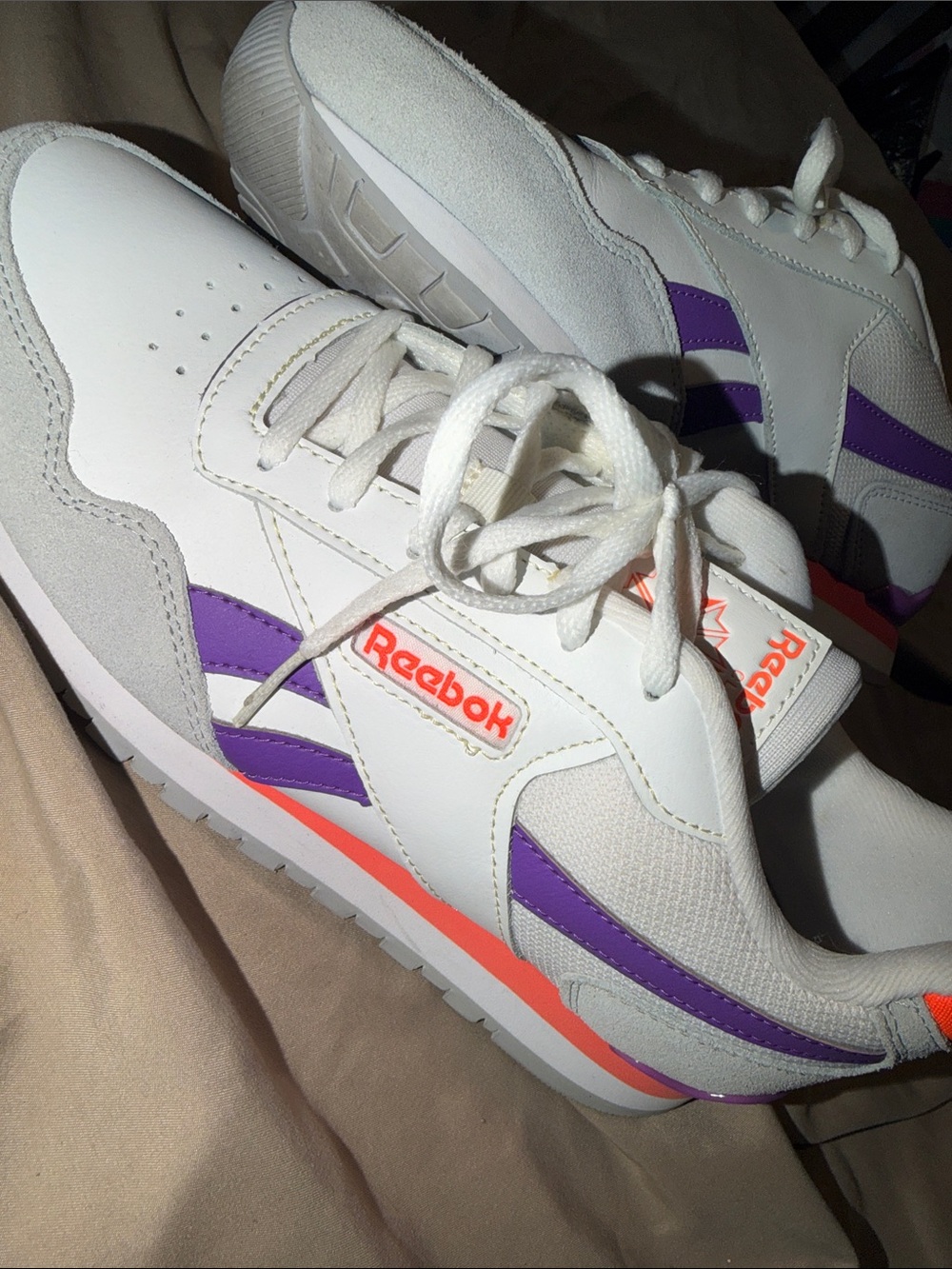 Reebok White Sneakers with Purple Stripes and Coral Trim